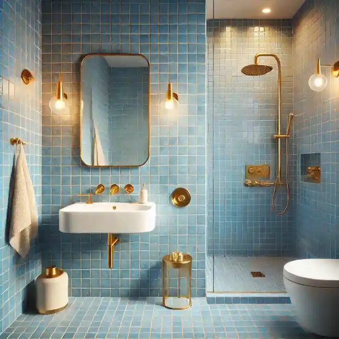 Embrace Ocean Hues with Blue Mosaic Tiles and Gold Hardware