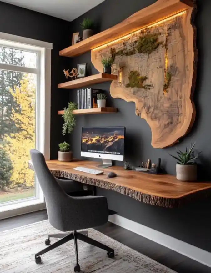 Floating Wood Slab Desk with Statement Wall