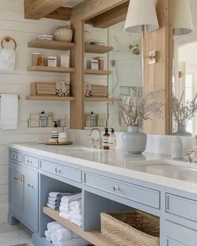 Light Blue Vanity with Natural Wood Accents