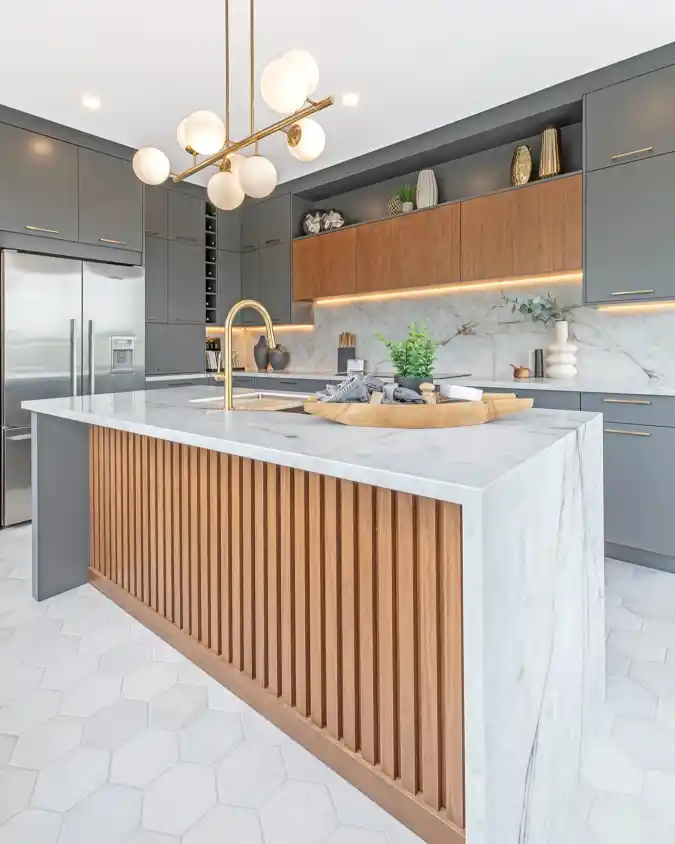 Modern Wood and Marble Island