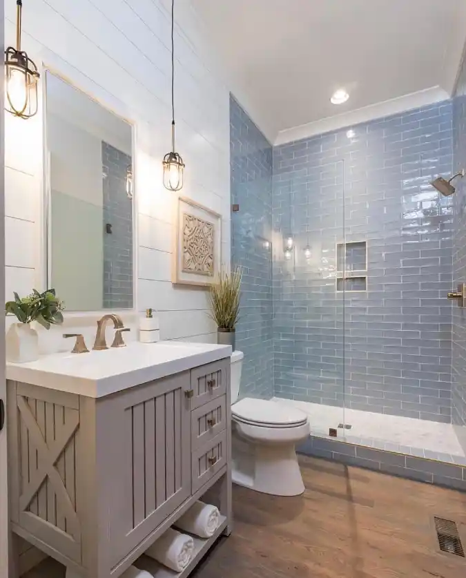 Ocean-Hued Subway Tile with Shiplap Accents