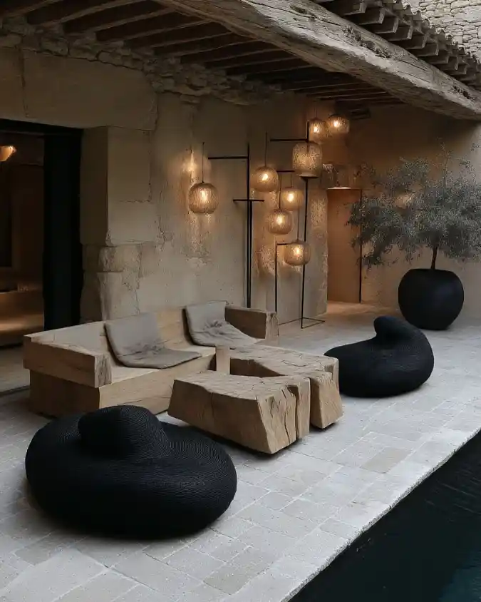 Raw Timber and Sculptural Stone Lounge