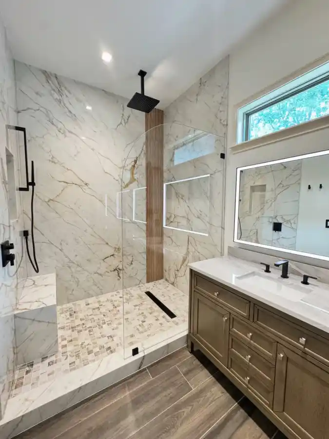 Statement Marble and Wood Accent Shower