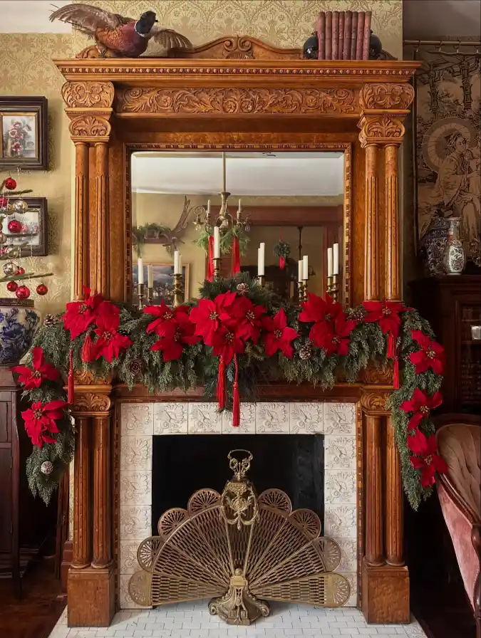 Victorian Poinsettia and Pheasant Mantel