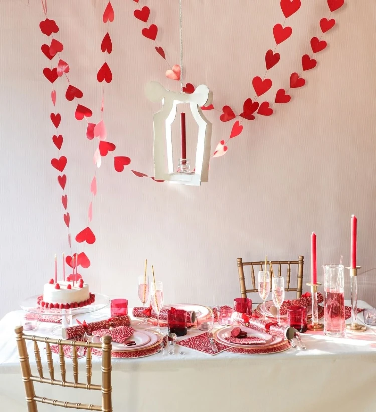 Charming Red Paper Hearts and Patterned Linens for a Classic Brunch