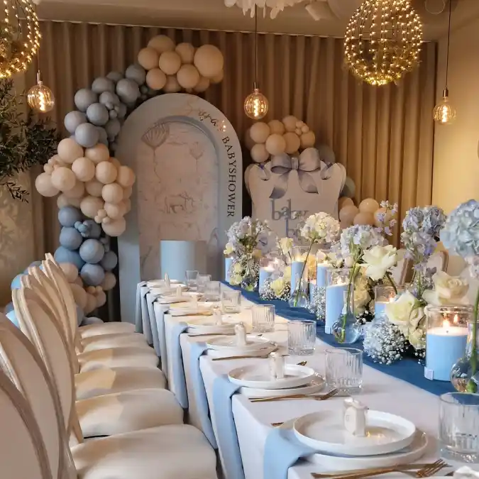 Chic Blue and Neutral Tablescape with Arch Backdrop
