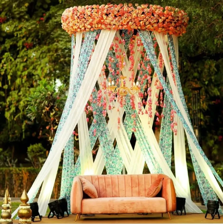 Coral Velvet and Floral Canopy Garden Lounge