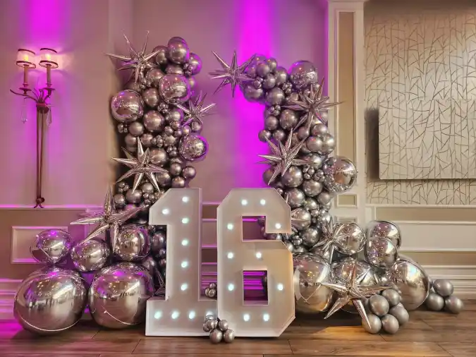 Glamorous Silver Balloon and Light-Up Numbers Backdrop