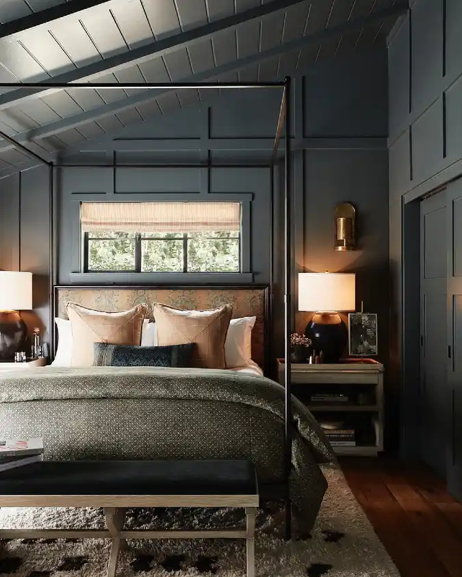 Highlight the Slope with Dark Paneling and a Canopy Bed