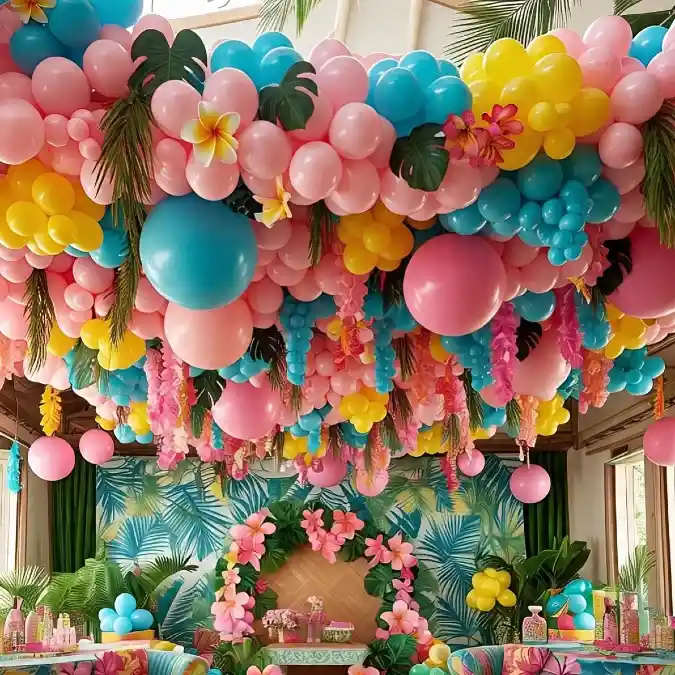 Lush Tropical Floral and Balloon Ceiling Canopy