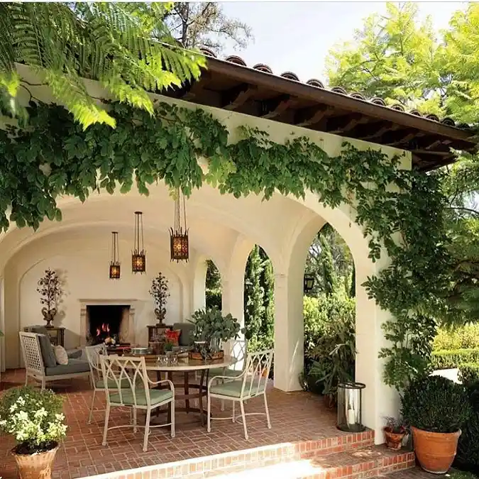 Mediterranean-Style Covered Loggia with Dining Area
