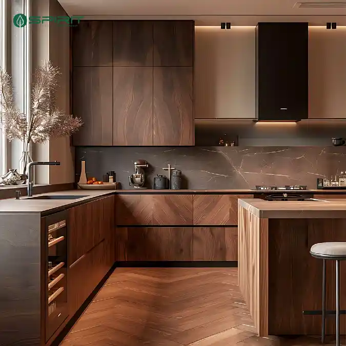 Moody Industrial Kitchen with Rich Walnut and Marble