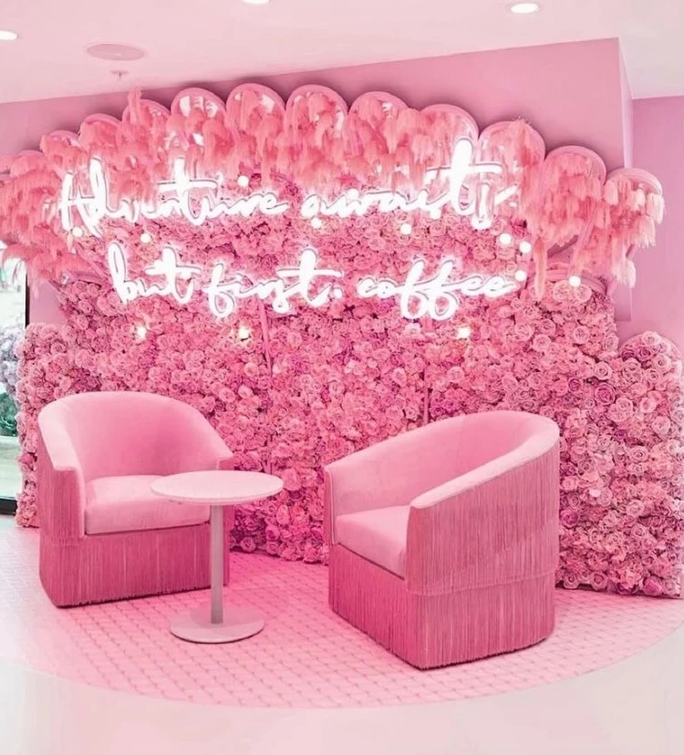 Neon-Lit Floral Wall and Fringe Lounge for a Brunch Setup