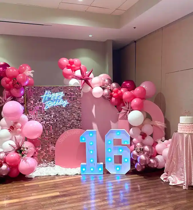 Pink Glamour with Marquee Numbers and Sequin Wall