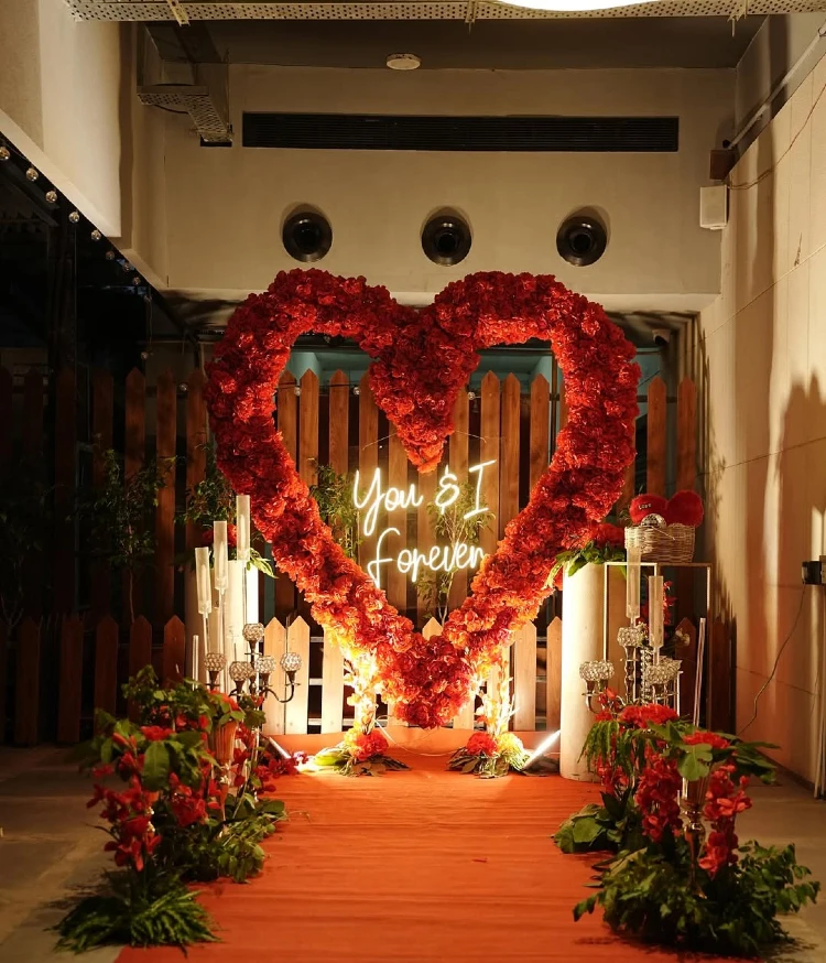 Romantic Red Floral Heart & Neon Photo Op