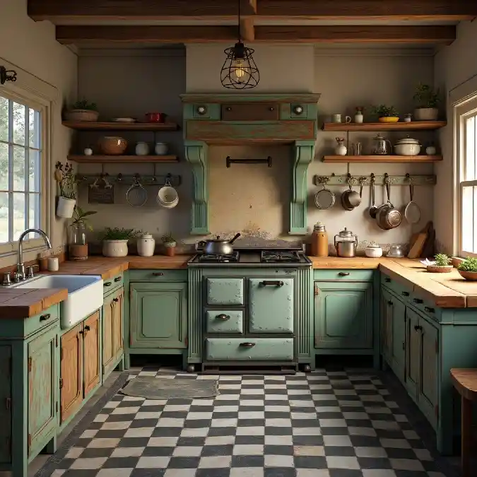 Rustic Industrial Charm with Green Cabinets