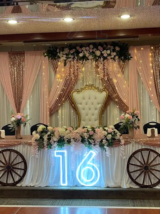 Rustic Rose Gold Throne Table with Neon Sign