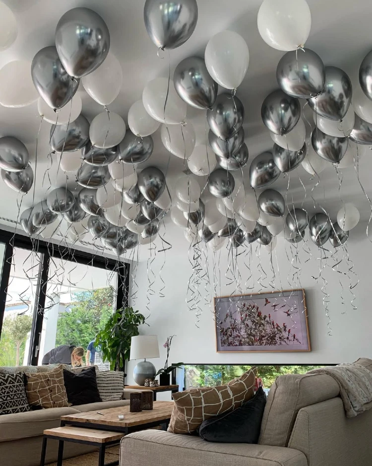 Shimmering Silver & White Ceiling Balloon Takeover