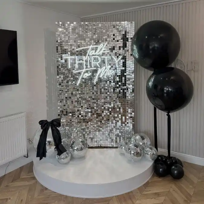 Silver Noir Mirror Stage Birthday Setup