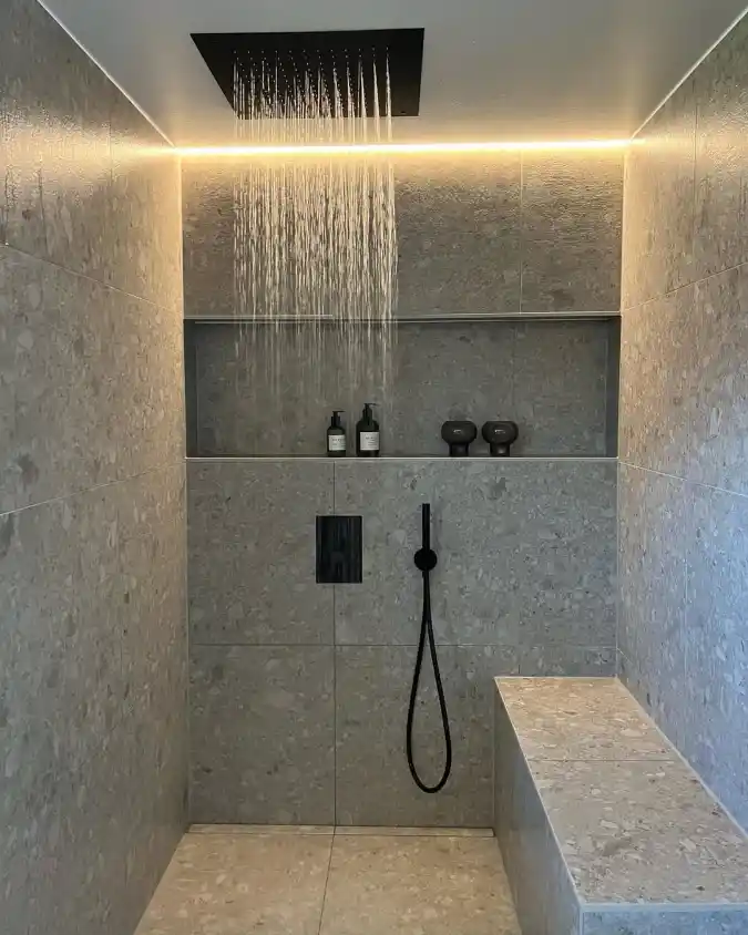 Spa-Inspired Terrazzo Shower with Bench and Rainfall Head