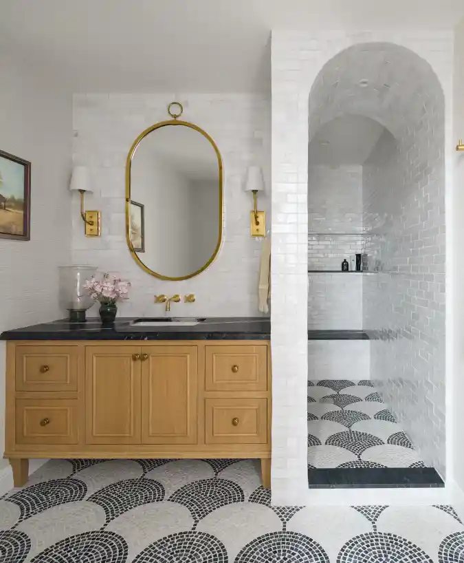 Statement Scallop Tile and Warm Wood Vanity