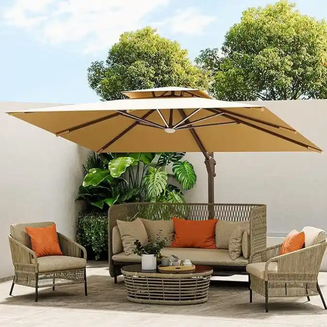 Tan Cantilever Patio Umbrella and Lounge Set