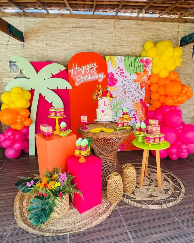 Vibrant Tropical Dessert Station with Rattan Accents