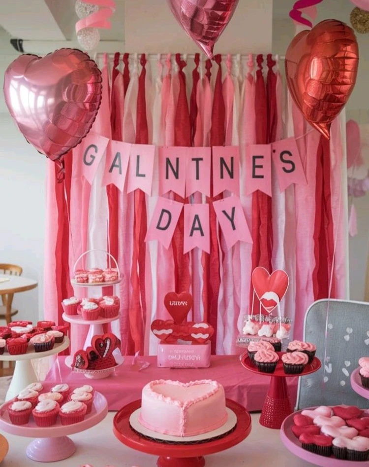 Vivid Pink and Red Streamer Backdrop for a Sweet "Galentine's" Style Bachelorette