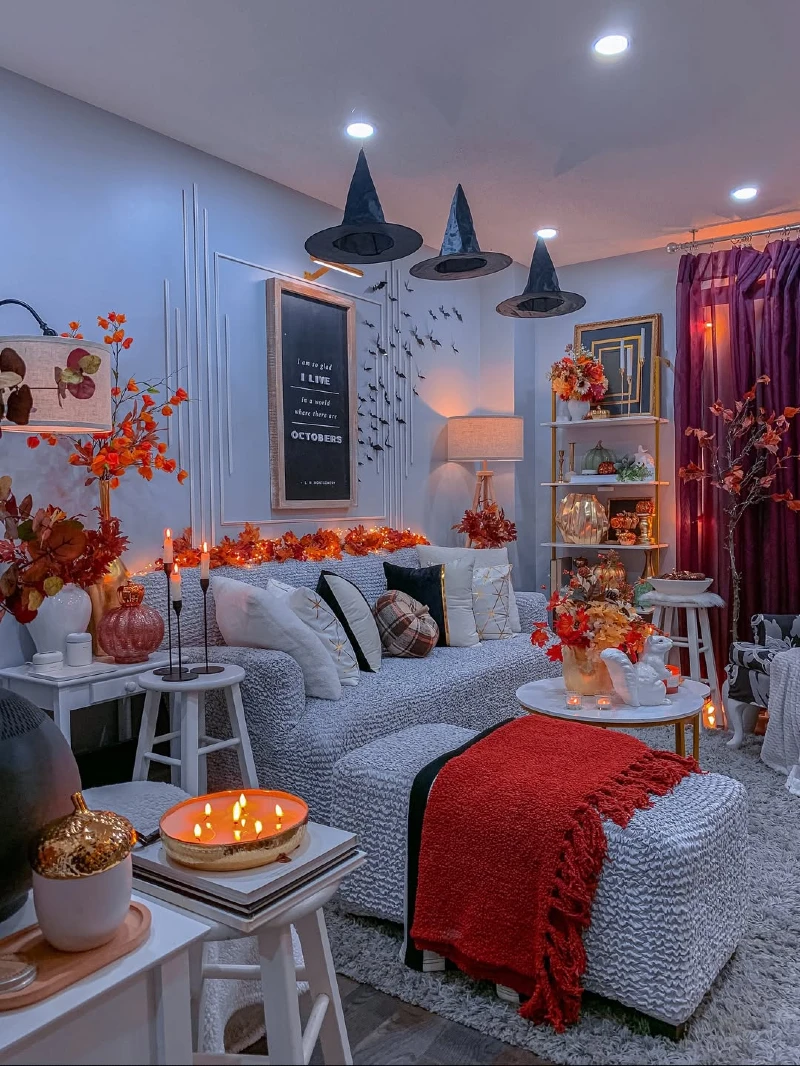 Whimsical Floating Witch Hat and Bat Living Room Lounge