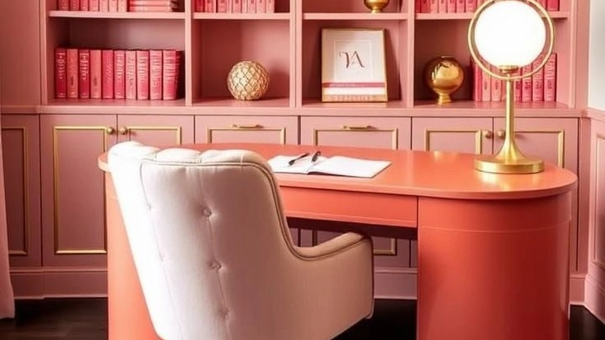 Curved Coral Desk and Library Wall