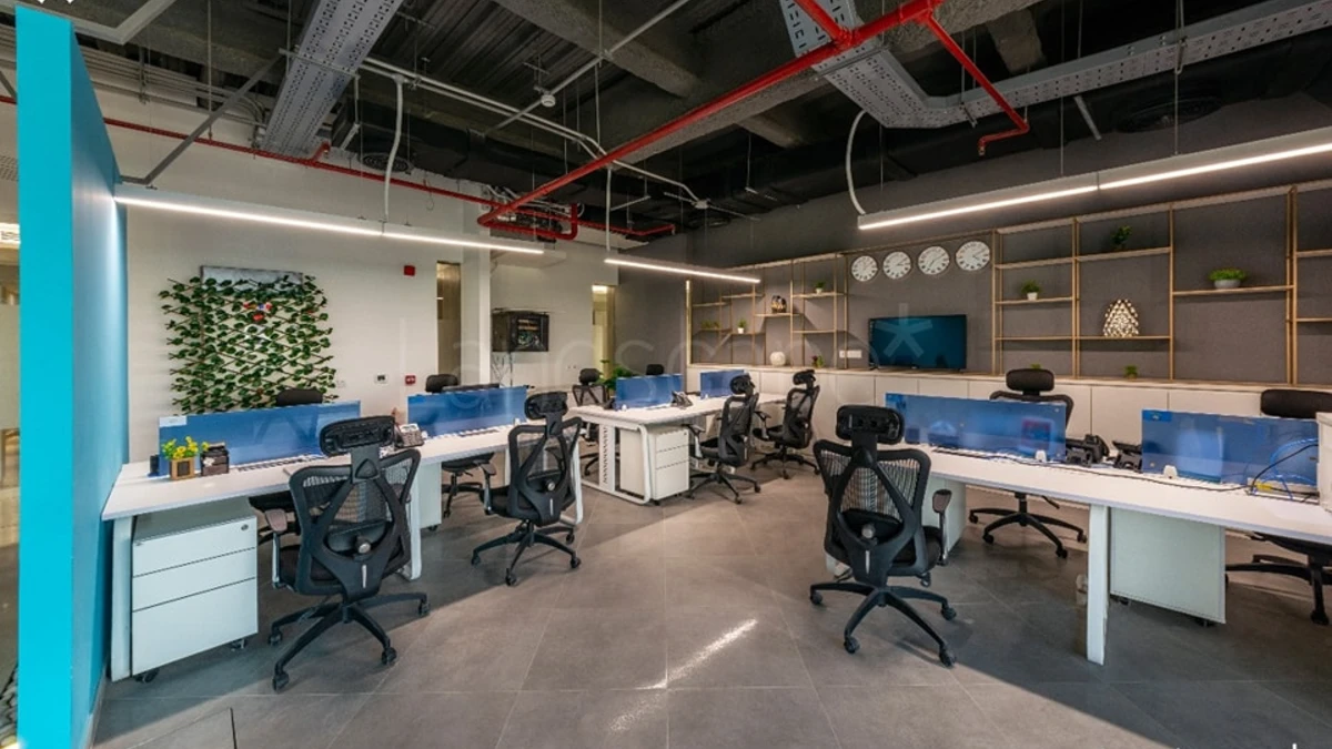 Industrial Ceiling with Blue Accents