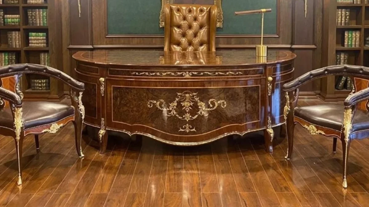 Antique Style Executive Desk with Gold Inlays