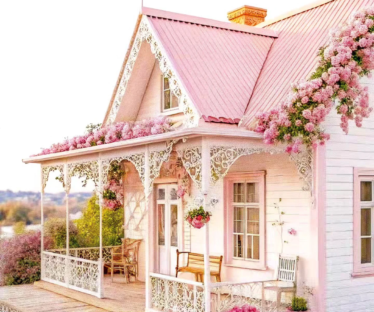 Pink Floral Cottage Exterior
