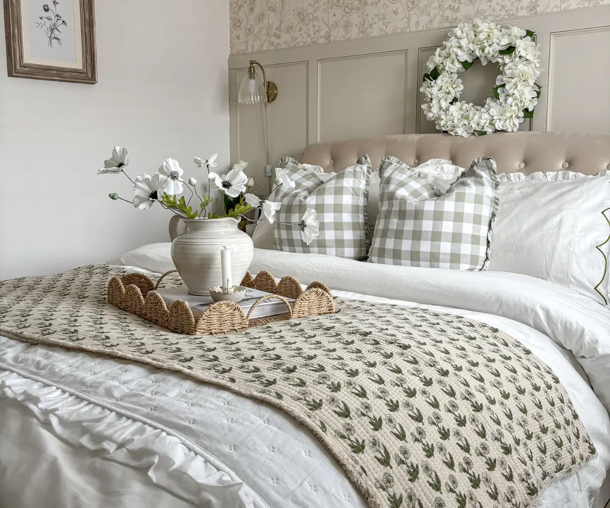 Gingham and Green Floral Bedroom