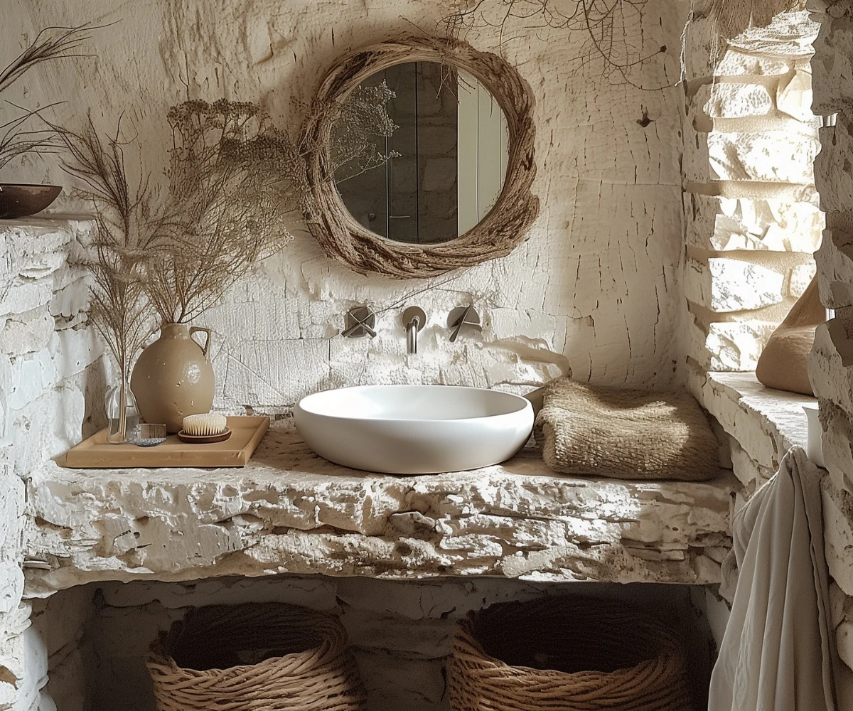 Stone Bathroom Vanity with Branch Mirror