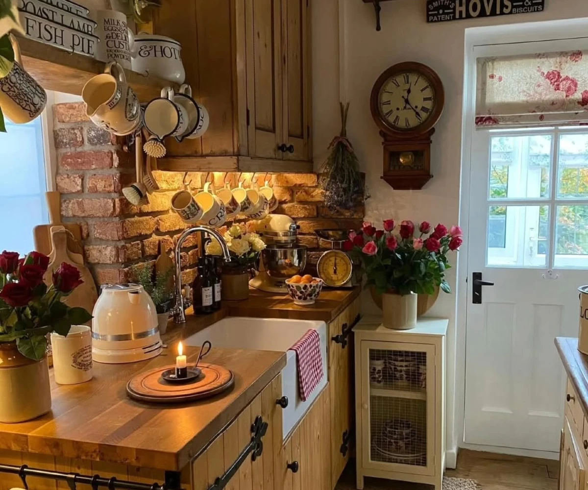 Rustic Brick Kitchen with Red Roses