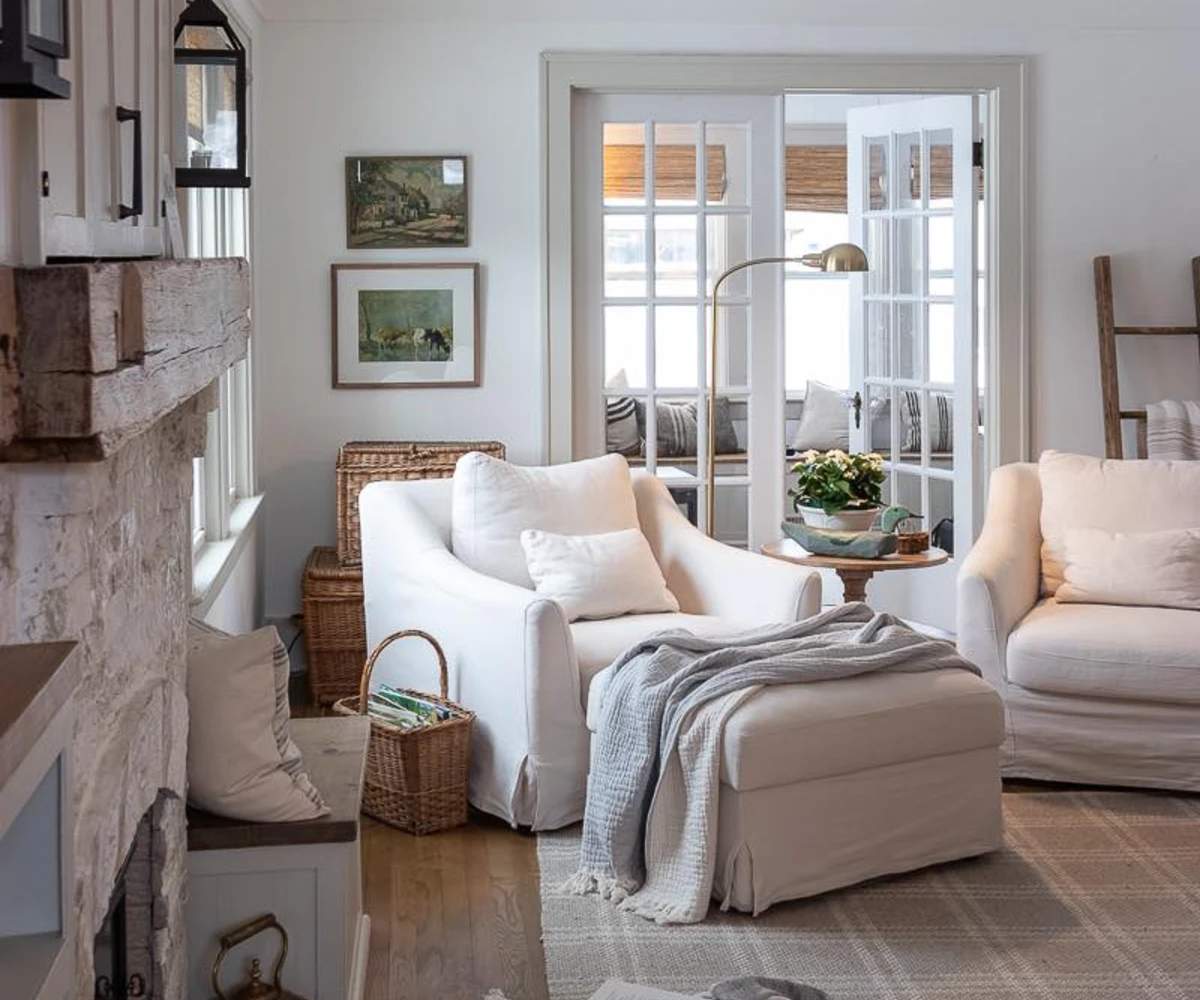 White Living Room with Wood Accents