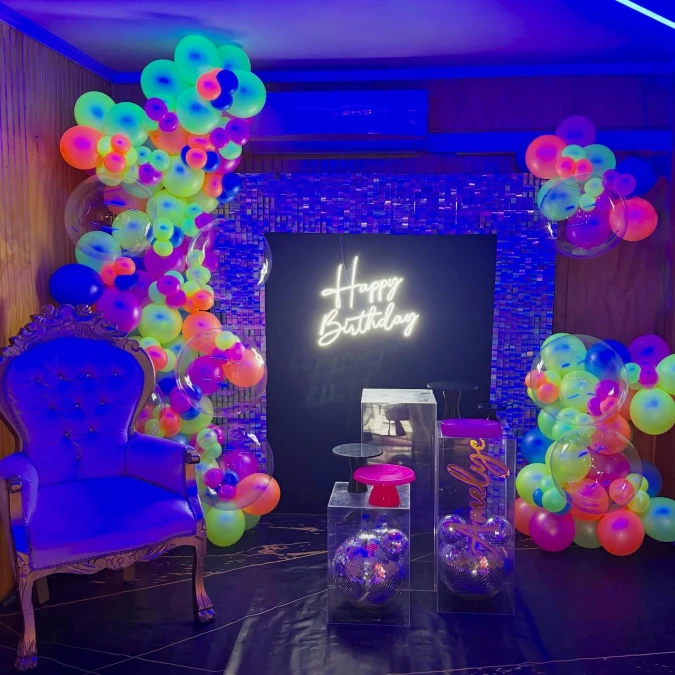 Blue Sequin Wall and Bubble Balloons