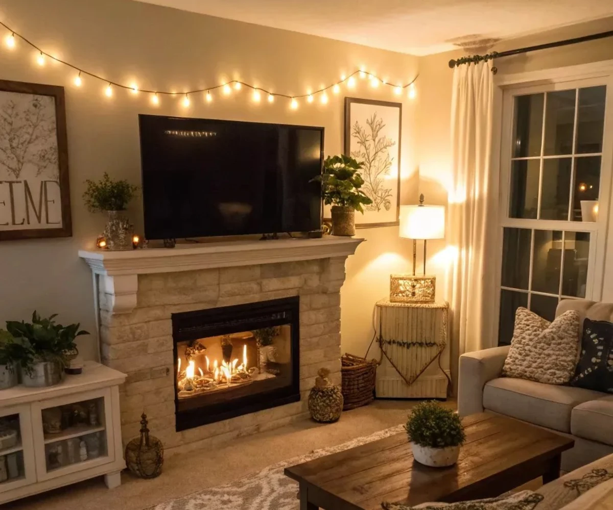 Whitewashed Brick With String Lights