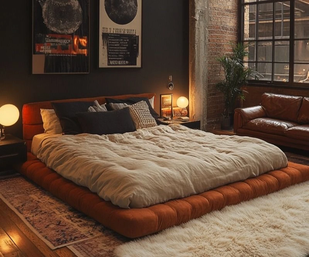 14. Orange Floor Bed and Exposed Brick