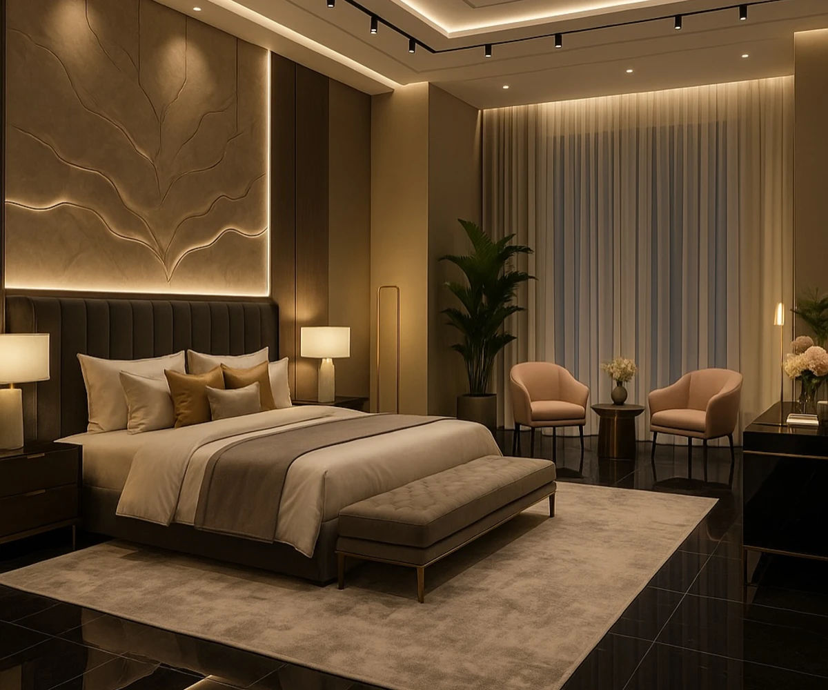 15. Illuminated Leaf Relief Wall and Soft Pink Accents