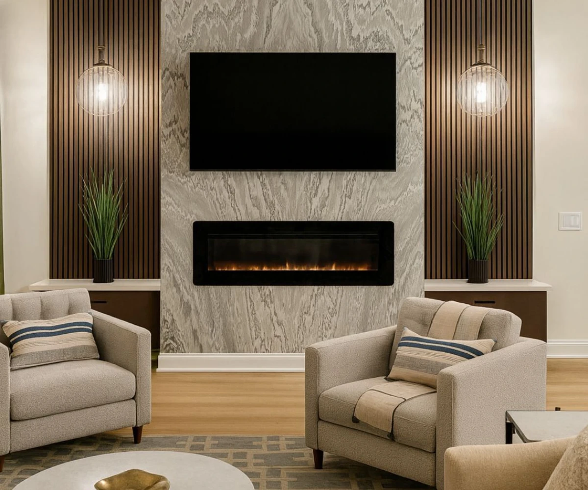 Marble and Wood Slat Fusion