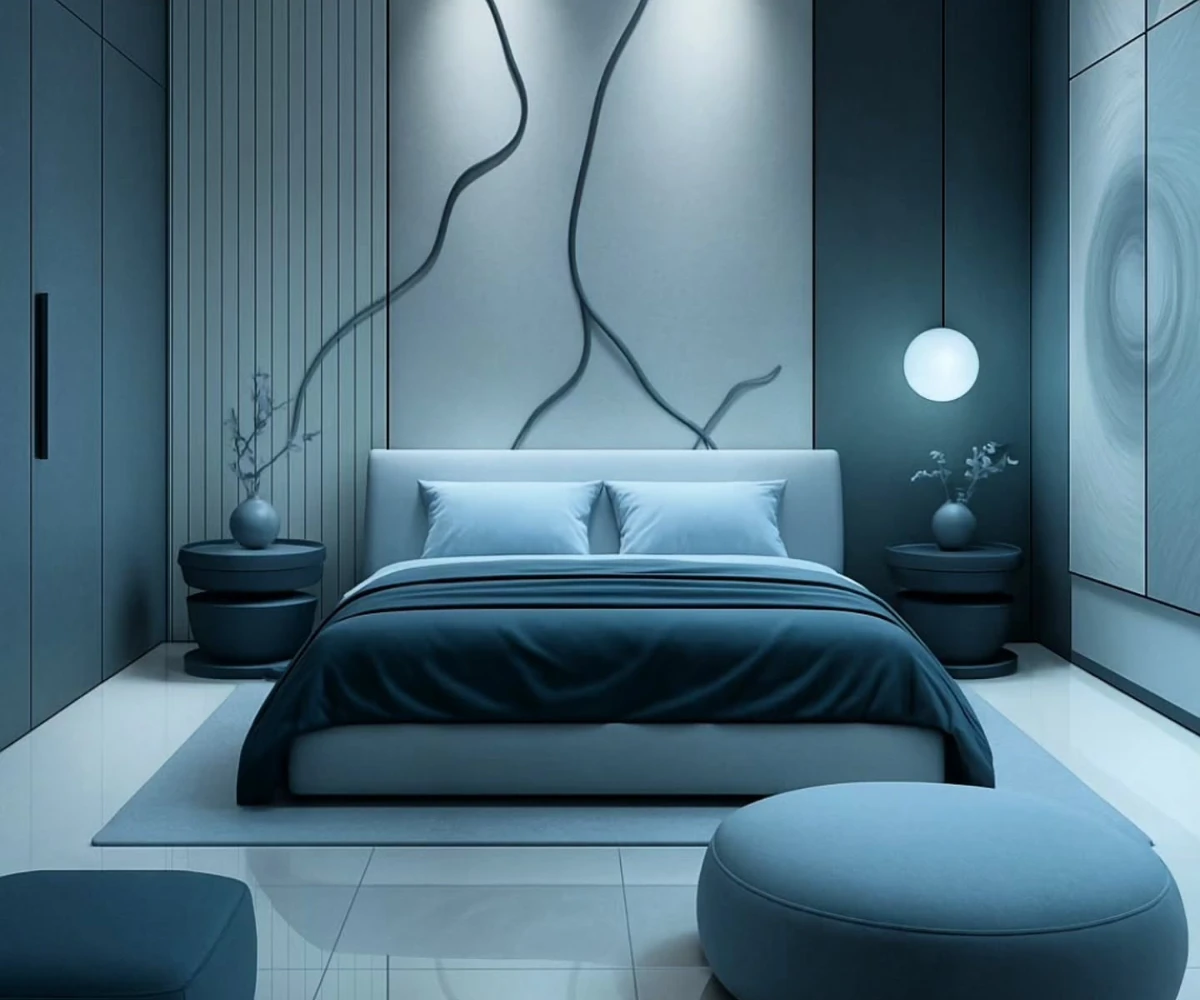 5. Calming Blue Tones and Wavy Wall Art