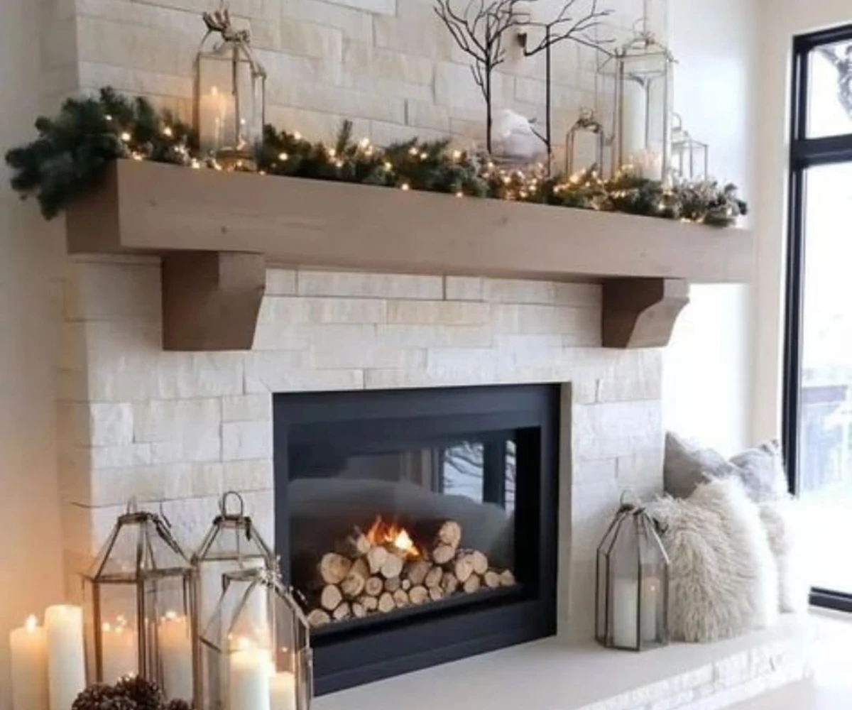 Rustic Stone Hearth With Wooden Beam
