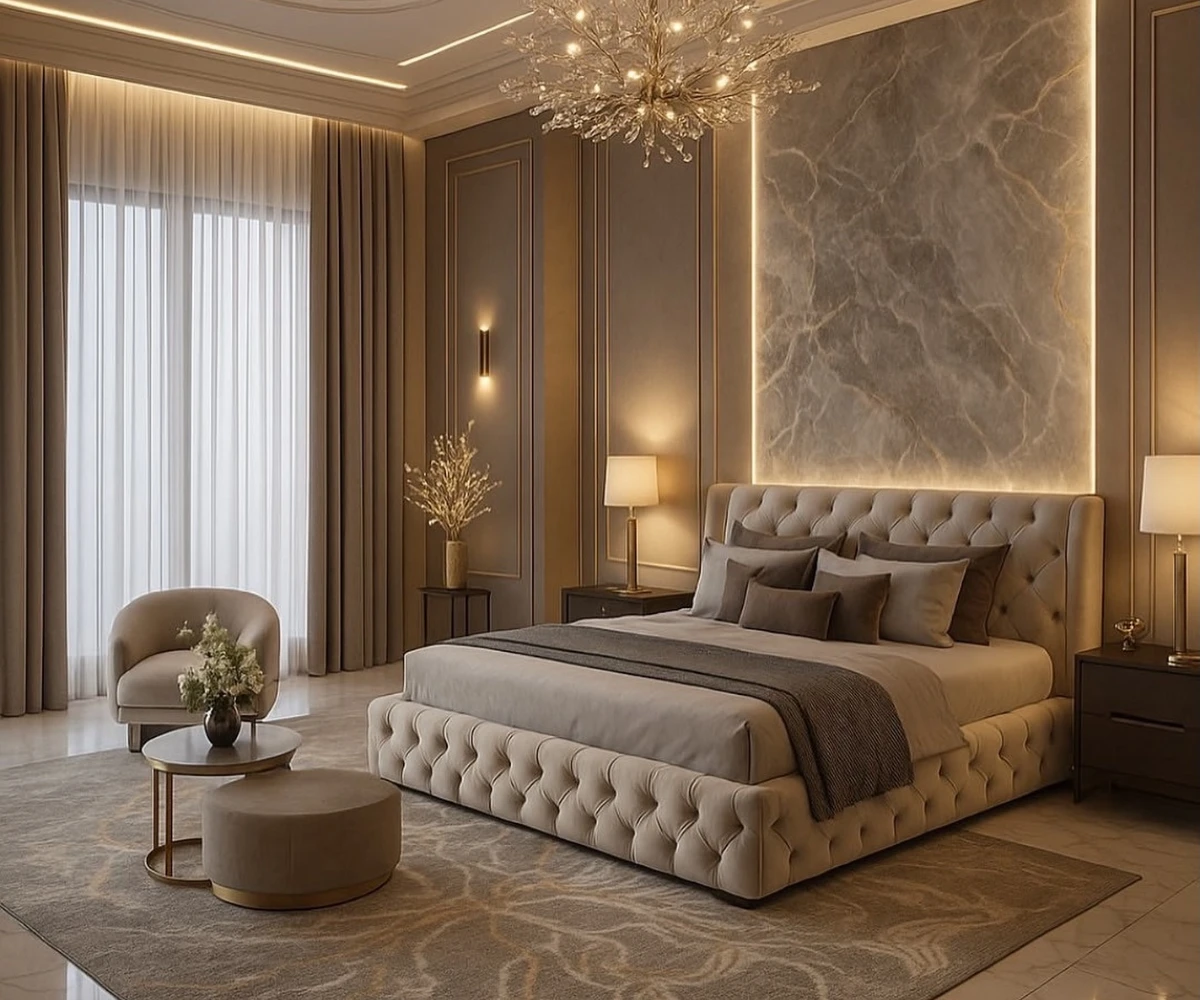 7. Illuminated Marble Feature Wall and Tufted Bed