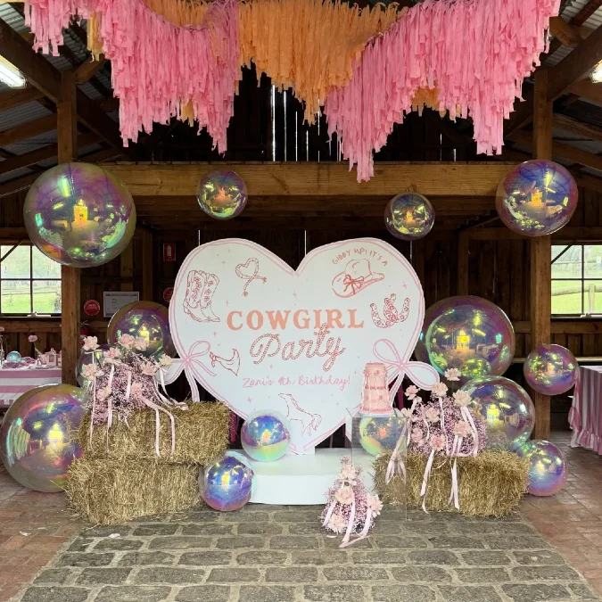 Barn Party with Heart Sign and Iridescent Orbs
