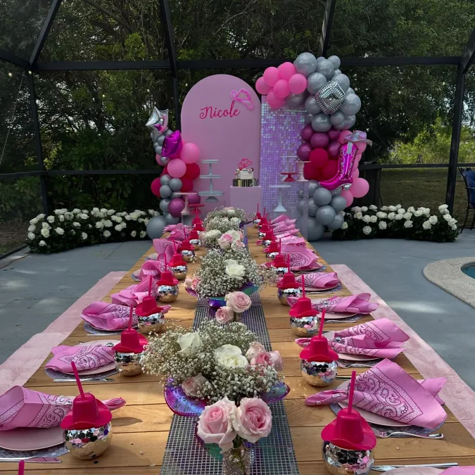 Long Wooden Table with Disco Ball Cups