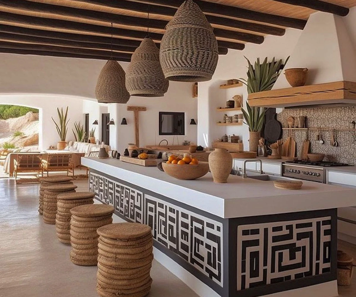 Geometric Kitchen Island And Woven Stools