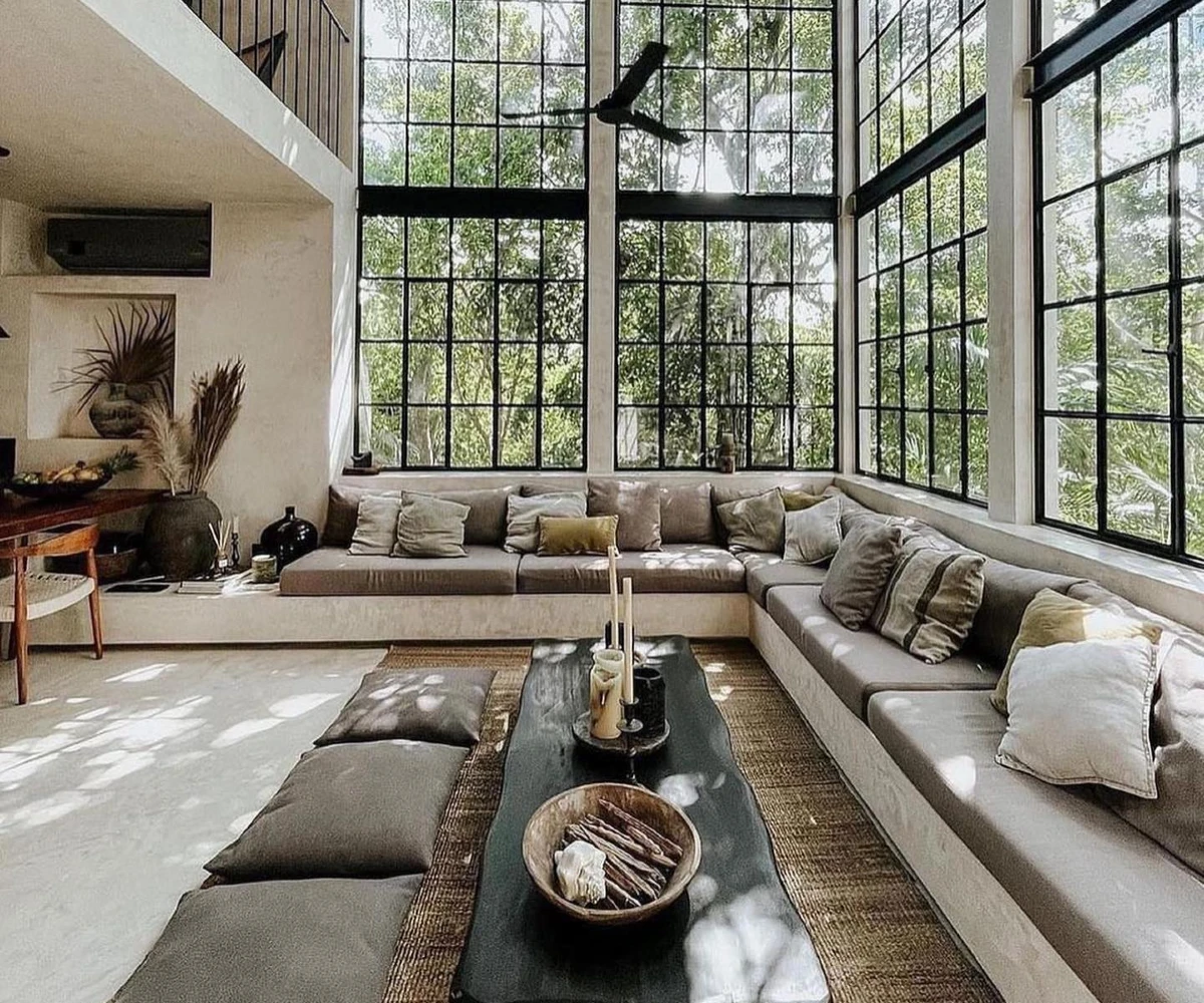 Custom Wall Seating And Grid Windows