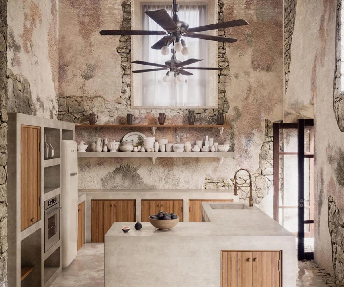 Rustic Stone Walls And Concrete Countertops